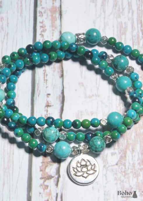 Boho Bracelet, Layers Blue Turquoise Mala Red Mantra Lotus